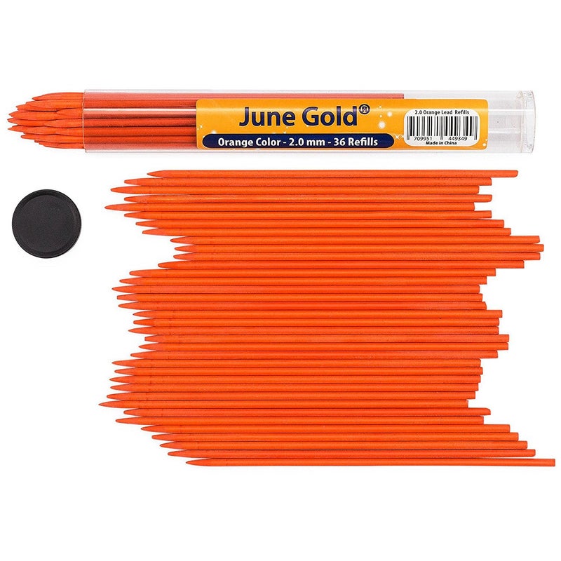 June Gold 36 Orange (Carrot #102) Colored 2.0 mm Lead Refills, Bold Thickness for Heavy Use, Break Resistant with a Convenient Dispenser - Image 1